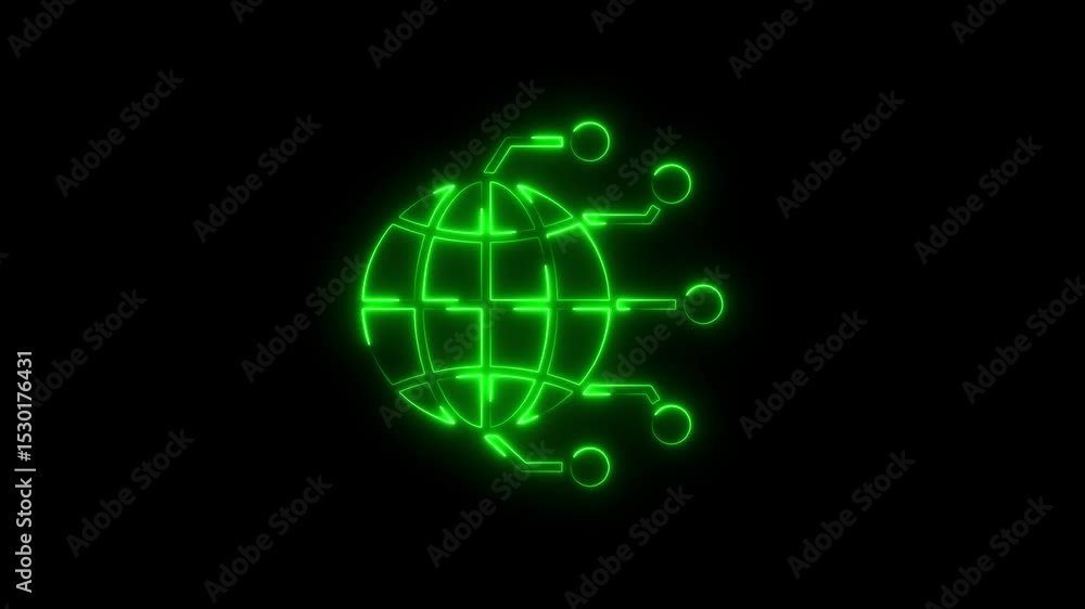 Poster animated green neon globe with connection nodes on black background