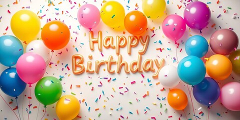 Colorful balloons and confetti burst on white background Happy Birthday message implied,  cheerful,  bright