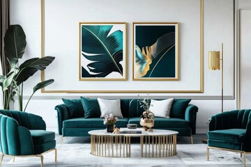Elegant modern living room featuring framed artwork mockups.