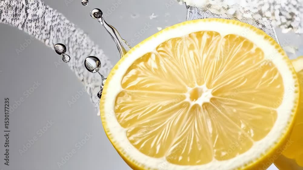 Poster closeup of yellow lemon slices submerged underwater with rising bubbles in liquid, creating a refres
