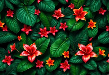 Dark green tropical leaves and vibrant flowers in a repeating wallpaper pattern,  paper,   wild