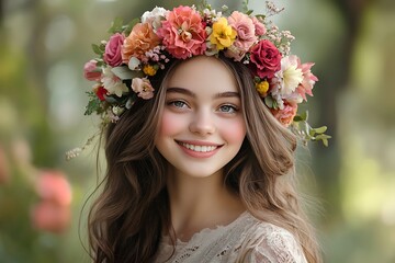 Naklejka premium Joyful young woman in floral crown outdoor garden portrait photography natural light cheerful atmosphere