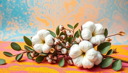 Delicate cotton blossoms & eucalyptus sprigs arranged on vibrant backdrop, cotton, design