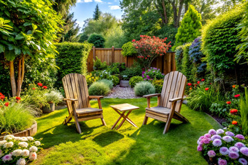 Garden design with wooden chairs and table in a beautiful garden. AI Generative