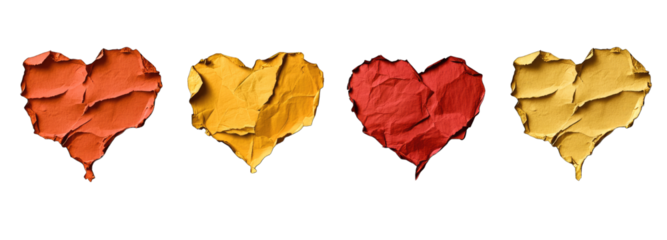 Four Crumpled Paper Hearts In Red Orange And Yellow On A Transparent Background