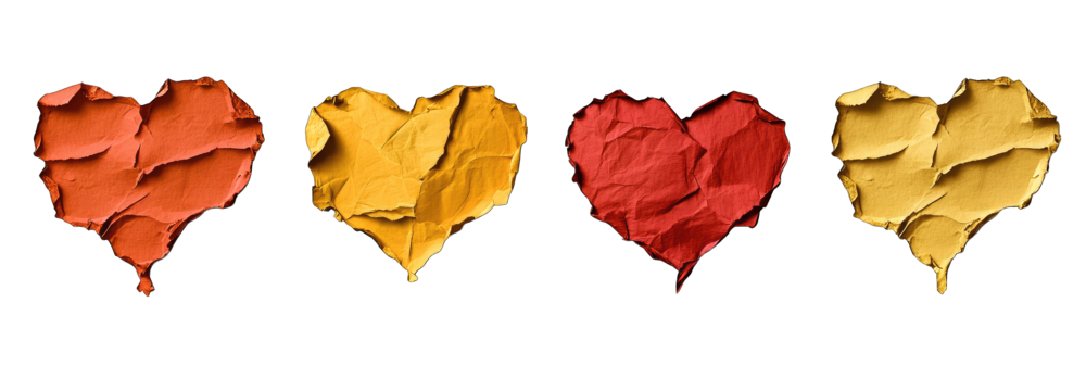 Four Crumpled Paper Hearts In Red Orange And Yellow On A Transparent Background