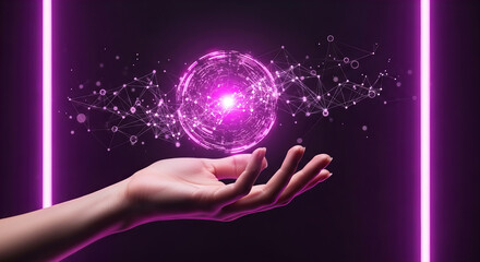 Futuristic Hand Holding Digital Light with Network Flow
