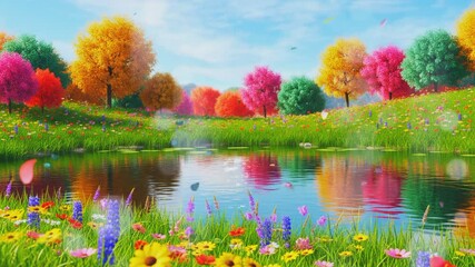 colorful spring landscape with lake, flowers field,river and butterflies  - Powered by Adobe