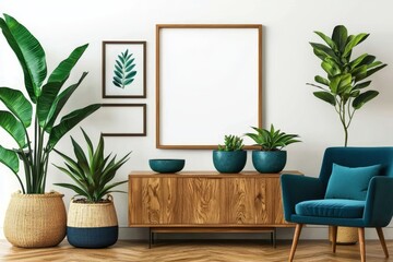 Stylish room decor enhanced by various beautiful plants.