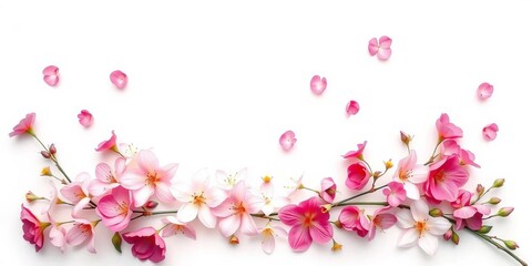 Fototapeta premium Elegant floral arrangement, blossoms artfully scattered on pristine white backdrop, spring, flatlay