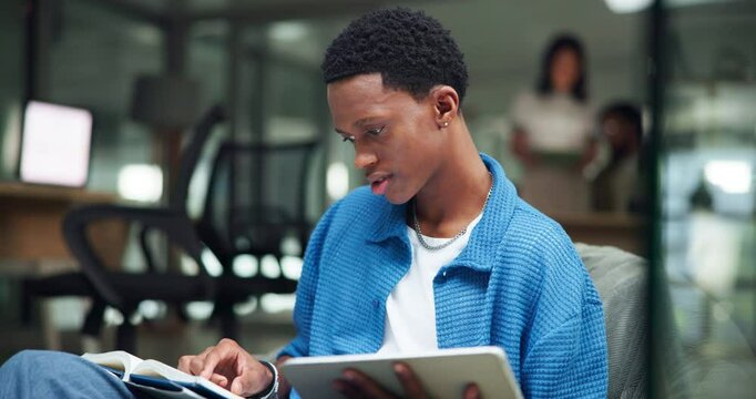 College, student and tablet with book for education, reading and research for assessment on campus. University, male person and man with tech for fact checking, studying or thesis proposal in library