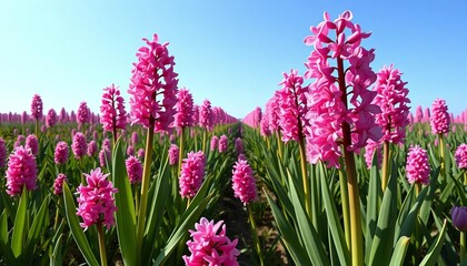 Fototapeta premium Endless field of vibrant pink hyacinths stretching to a clear sky, bright, countryside