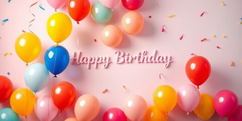 Festive birthday background with colorful balloons floating against a pastel backdrop,  fun,  celebration illustration