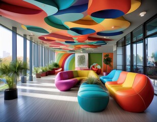 Creative agency reception with bold colors, modular seating, and funky ceiling shapes