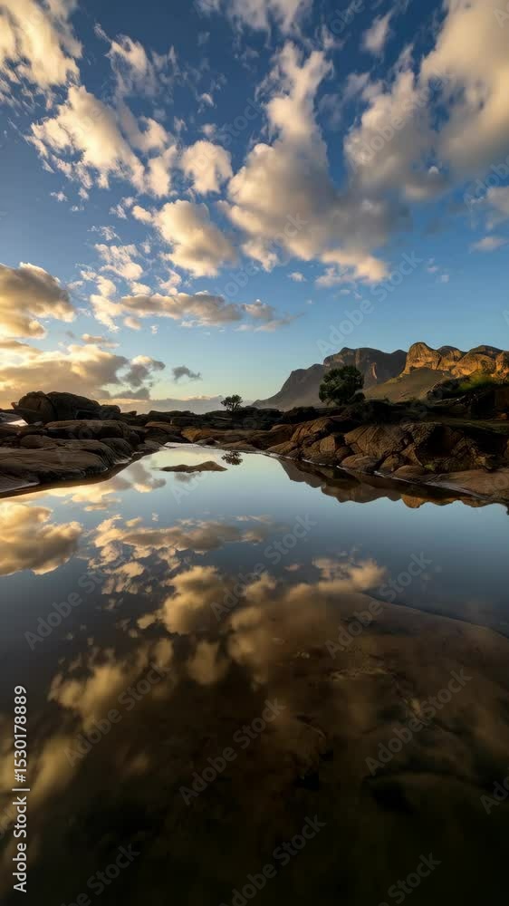 Poster reflections of clouds in a tide pool create a landscape portrait with mountains in the background un