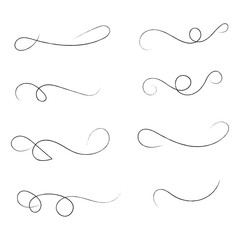and drawn collection of curly swishes, swashes and swoops. Brush drawn thick curved smears. Highlight text elements isolated on transparent background. Underline typography tail shapes