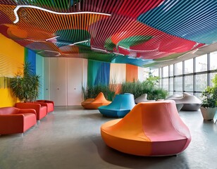 Creative agency reception with bold colors, modular seating, and funky ceiling shapes