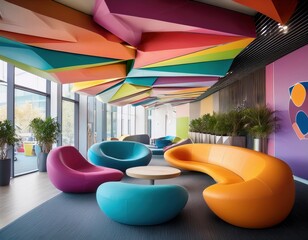 Creative agency reception with bold colors, modular seating, and funky ceiling shapes