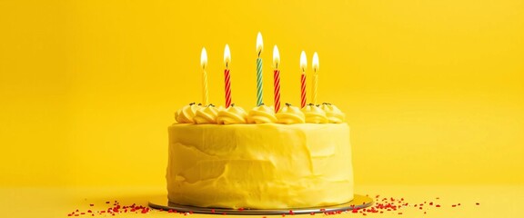 Festive yellow cake with lit candles on a plain background,  happy, birthday