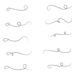 and drawn collection of curly swishes, swashes and swoops. Brush drawn thick curved smears. Highlight text elements isolated on transparent background. Underline typography tail shapes