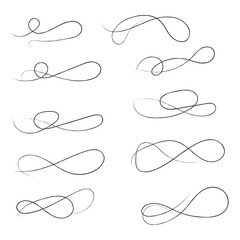 and drawn collection of curly swishes, swashes and swoops. Brush drawn thick curved smears. Highlight text elements isolated on transparent background. Underline typography tail shapes