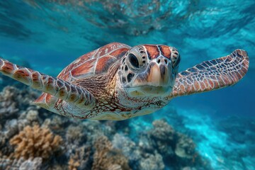 Fototapeta premium Close-up portrait of a majestic green sea turtle swimming in clear blue ocean water near coral reef
