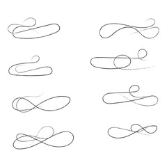 and drawn collection of curly swishes, swashes and swoops. Brush drawn thick curved smears. Highlight text elements isolated on transparent background. Underline typography tail shapes