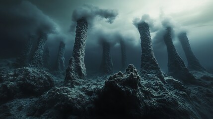 Strange Rock Formations Under Dark Sky Landscape