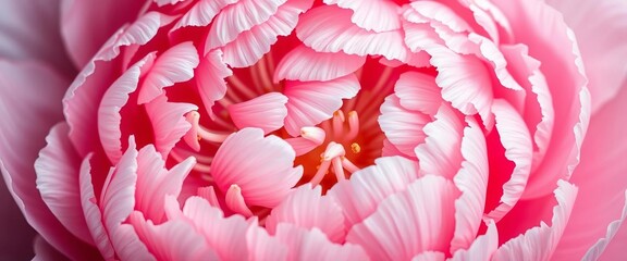 Intricate details of a blush pink peony's tightly packed petals, pollen-dusted stamens , petal, botanical