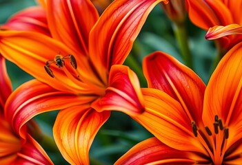 Intricate details of vibrant orange-purple lilies, pollen visible,   flower photography,   nature photography