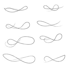 Hand drawn of curly swishes Set, swashes and swoops. Vector thin underline text tails. Hand drawn calligraphy pen curved lines and curls. Calligraphy swirl. Underline typography tail shapes