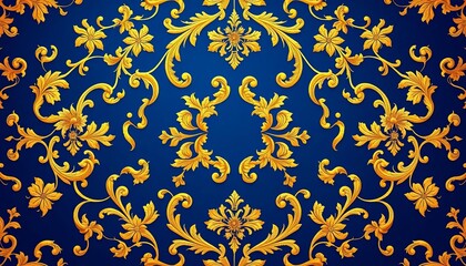 Intricate gold floral pattern on deep blue, opulent baroque style,  beauty,  gilded