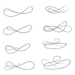 Hand drawn of curly swishes Set, swashes and swoops. Vector thin underline text tails. Hand drawn calligraphy pen curved lines and curls. Calligraphy swirl. Underline typography tail shapes