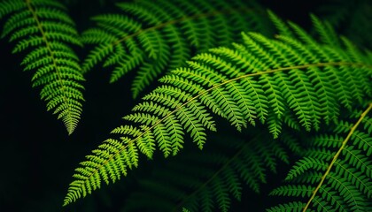Intricate green fern fronds, lush texture, dark backdrop,  dark,  rainforest