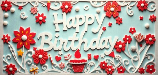 Intricate paper cut design of happy birthday message, festive colors, whimsical style,   pattern, happy birthday