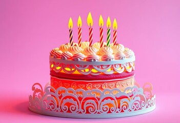 Intricate paper cut birthday cake design with layered frosting and candles,   anniversary,  greeting