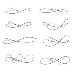 Hand drawn of curly swishes Set, swashes and swoops. Vector thin underline text tails. Hand drawn calligraphy pen curved lines and curls. Calligraphy swirl. Underline typography tail shapes