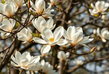 Large, creamy white magnolia blossoms blooming on a branch in springtime,  detail,  blossom