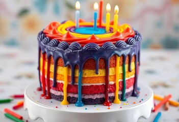 Layered rainbow cake, vibrant drip icing, colorful candles,  pastel,  birthday cake