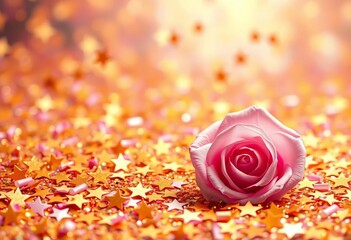 Light rose backdrop densely covered in gold star confetti,  birthday,  gold