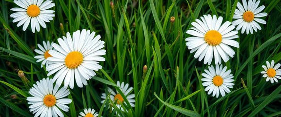 Linear arrangement of daisies and vibrant green grass, grass, field