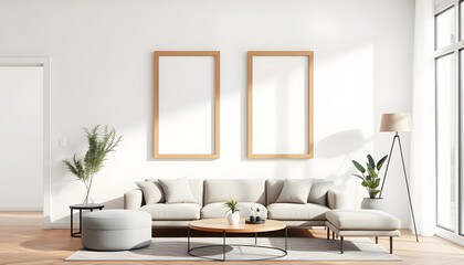 Stylish living room mockup featuring a contemporary bright space with two elegant vertical wooden frames. High-quality 3D render backdrop., studio photography. with white shades