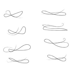 Hand drawn of curly swishes Set, swashes and swoops. Vector thin underline text tails. Hand drawn calligraphy pen curved lines and curls. Calligraphy swirl. Underline typography tail shapes