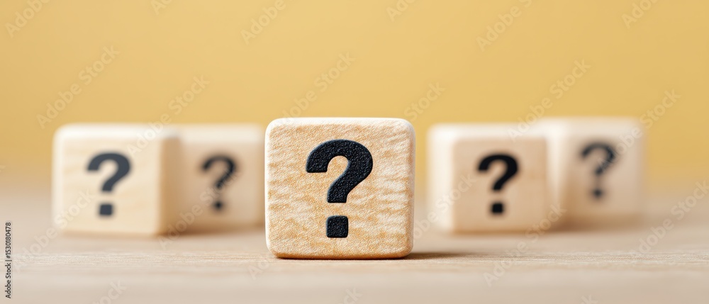 Poster exploring curiosity question mark blocks on a wooden surface indoor setting photography minimalist v