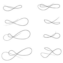 Hand drawn of curly swishes Set, swashes and swoops. Vector thin underline text tails. Hand drawn calligraphy pen curved lines and curls. Calligraphy swirl. Underline typography tail shapes