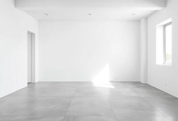 Obraz premium Minimalist white-walled room, concrete gray floor , geometric, modern