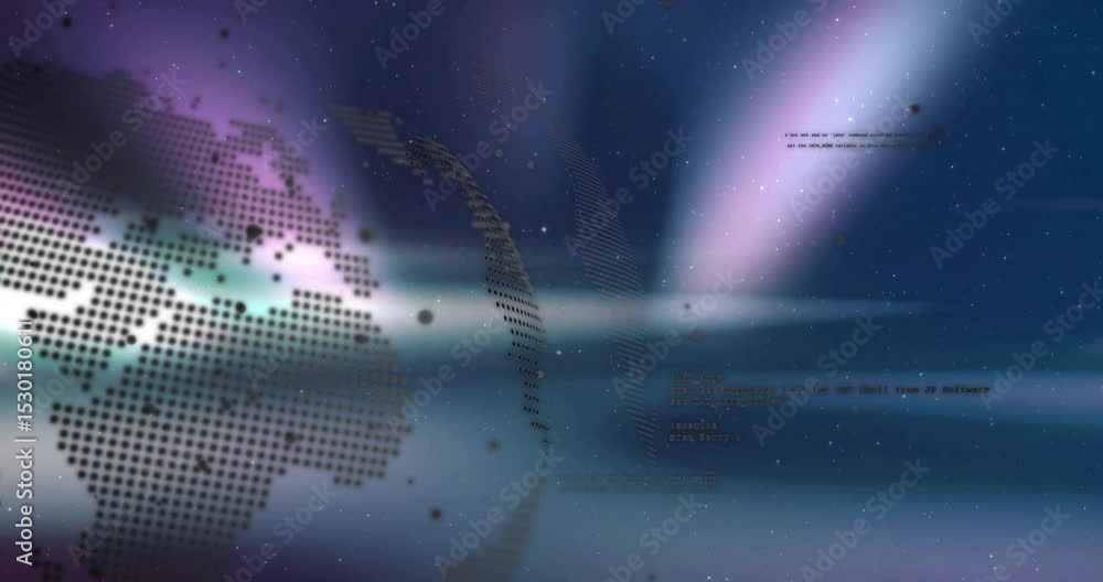 Poster on start rotating dotted globe revealing continents with pulsing beams and code showing data