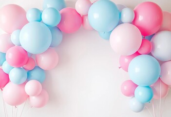 Pastel blue and pink balloons arranged as a celebratory arch on white ,  gender reveal,  blue