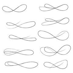 Hand drawn of curly swishes Set, swashes and swoops. Vector thin underline text tails. Hand drawn calligraphy pen curved lines and curls. Calligraphy swirl. Underline typography tail shapes