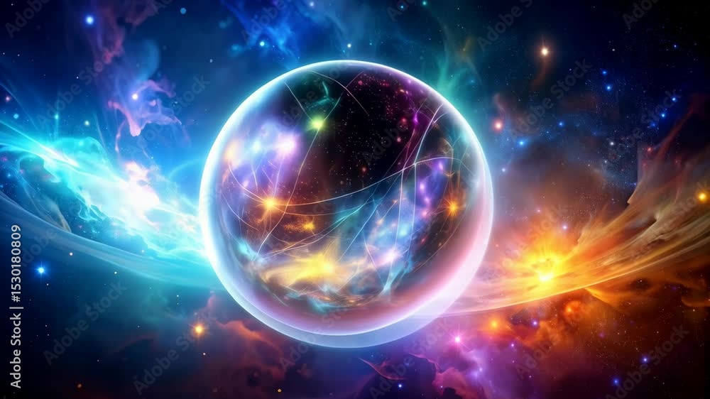 Poster abstract cosmic sphere with swirling nebulas and glowing stars in colorful outer space environment